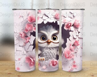 May include: Three white tumblers with a pink and white floral design. A white owl with black eyes peeks out from behind the flowers on the center tumbler.
