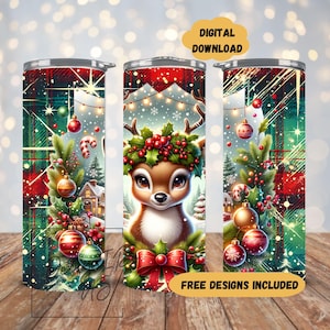 Christmas Reindeer 20 oz Skinny Tumbler Sublimation Design PNG, Straight & Tapered Tumbler Wrap, Watercolor Holiday Instant Digital Download