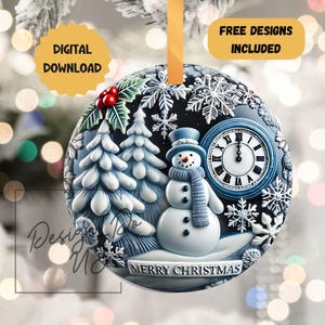 May include: A blue and white Christmas bauble featuring a snowman, pine trees, snowflakes, and a clock face with the words "Merry Christmas".