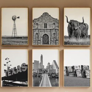Texas Print Set Of 30, Black and White Texas Map, San Antonio Poster, Austin Photos, Dallas Decor, Houston, Fort Worth Wall Art, Texas Gifts