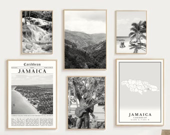 Digital Jamaica Art Set of 6, Black and White Jamaica Prints, Jamaica Map Decor, Jamaica Travel Poster, Jamaican Gifts, Caribbean Wall Art