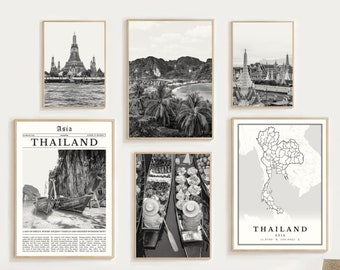 Thailand Print Set Of 6, Black and White Thailand Art Photo, Thailand Poster, Thailand Map, Thailand Wall Art, Thailand Decor, Thailand Gift