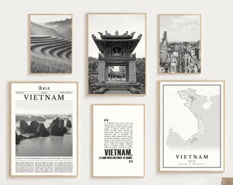 Digital Vietnam Black And White Print Set Of 6, Vietnam Map Decor, Vietnam Wall Art, Hanoi Vietnam Travel Poster, HaLong Bay Vietnamese Gift