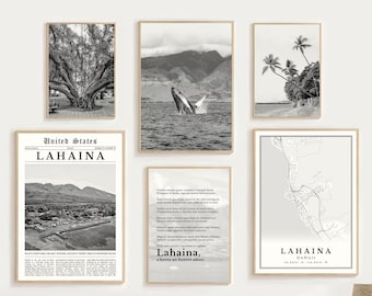 Digital Lahaina Maui Hawaii Print Set Of 6, Black and White Lahaina Map Decor, Lahaina Wall Art Photo, Lahaina Gifts, Lahaina Travel Poster