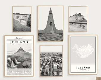 Può includere: Collage di foto in bianco e nero dell'Islanda. Il collage include una cascata, una chiesa, una catena montuosa, uno skyline della città e una mappa dell'Islanda. Il testo "Europa Islanda" è incluso nel collage.