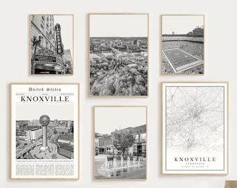 Knoxville Tennessee Print Set Of 6, Black and White Knoxville Map Decor, Knoxville TN Wall Art Photo, Knoxville City Poster, Knoxville Gifts