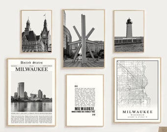May include: A set of six black and white prints featuring various images of Milwaukee, Wisconsin. The prints include a cityscape, a lighthouse, a sculpture, a map, and a newspaper clipping. The text on the prints reads "Milwaukee, Wisconsin" and "Where Great Lakes Meet, A Vibrant Hub of Midwestern Pride."