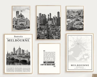 Digital Melbourne Print Set Of 6, Melbourne Black and White Map Home Decor, Melbourne Wall Art Photo, Digital Travel Poster, Australia Gifts