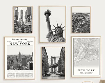 New York Print Set of 6, Black and White New York Wall Art Photo, Digital New York City Map Decor, New York Travel Poster NYC Printable Gift