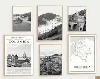 Colombia Print Set Of 6, Colombian Wall Art Photos, Black And White Map Decor, Bogotá Travel Poster, Digital Printable, Latin America Gifts