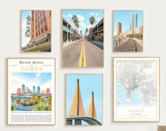 Tampa FL Print Set Of 6, Tampa Map Art, Tampa Florida Poster, Tampa Wall Art Photos, Tampa Decor Pictures, Tampa Gift, Tampa Art Photography