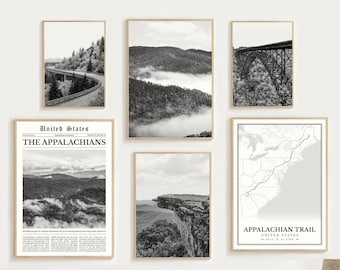 Appalachian Print Set of 6, Black and White Smoky Mountains Wall Art Photos, Blue Ridge Decor, Shenandoah National Park, Travel Poster Gifts