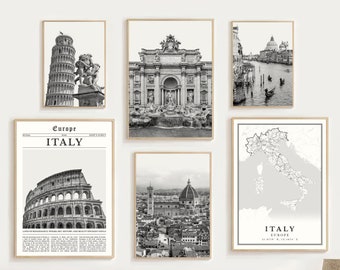Italy Prints Set Of 6, Black and White Italy Map Decor, Italy Wall Art Printable, Italy Travel Poster Italy Art Decoration Photo, Italy Gift