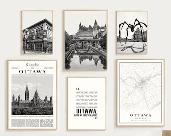 Könnte beinhalten: Ein Satz Schwarzweißdrucke mit verschiedenen Bildern von Ottawa, Kanada. Die Drucke zeigen eine Stadtlandschaft, ein Gebäude, eine Spinnen-Skulptur und eine Karte. Die Drucke sind in einem einfachen, modernen Stil gerahmt.