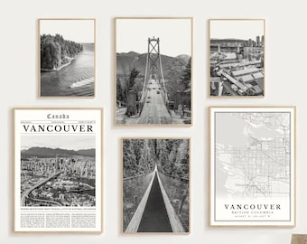 Digital Vancouver Black and White Print Set Of 6, Vancouver Map Print, Vancouver Wall Art, Vancouver Poster, Vancouver Art, Canada Decor Art