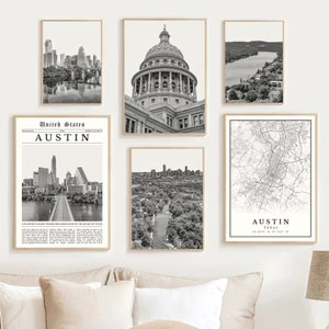 Austin Texas Print Set Of 6, Black and White Austin City Map, Austin Wall Art Photo, Austin Travel Poster, Austin Gift, Austin TX Home Decor