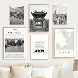 Digitale Vietnam zwart-wit print set van 6, Vietnam kaart decor, Vietnam kunst aan de muur, Hanoi Vietnam reisposter, HaLong Bay Vietnamees cadeau