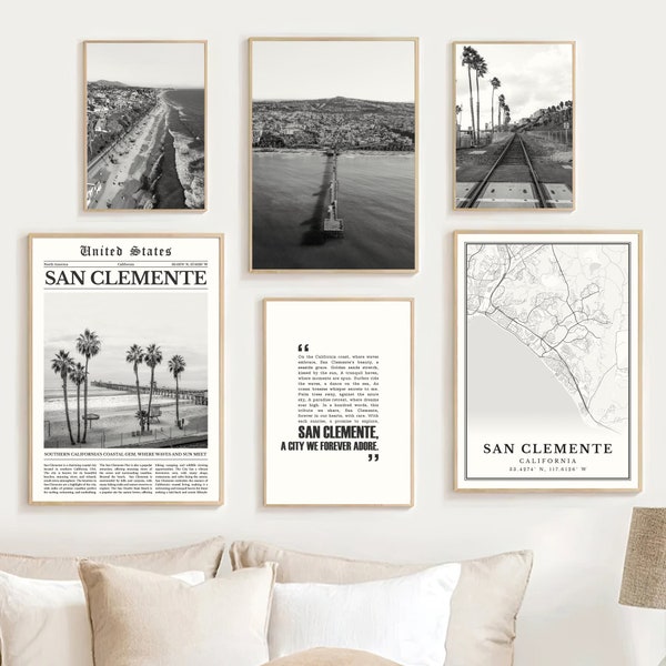 Digital San Clemente Black And White Print Set Of 6, San Clemente Map, San Clemente Poster Wall Art, San Clemente Art Decor, California Gift