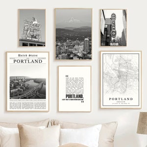 Digitale Portland Oregon print set van 6, Portland kaart, Portland geschenken, Portland kunst aan de muur, Portland poster, Portland Art decor, Portland foto