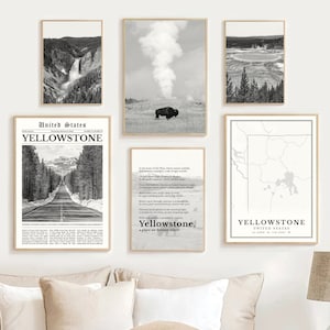 Digitale Yellowstone-printset van 6, zwart-wit Yellowstone-kaartdecor, Yellowstone National Park-reisposter Yellowstone-cadeaumuurkunst