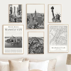 Manhattan Print Set Of 6, Black and White Manhattan Map Decor, Manhattan Poster, Manhattan Wall Art Photo, Manhattan Skyline, New York Gifts