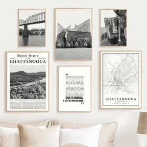 Digitale Chattanooga TN print set van 6, zwart-wit Chattanooga kaart decor, Chattanooga Wall Art reisposter, Chattanooga Tennessee cadeau