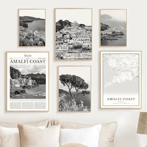 Amalfi Coast Print Set Of 6, Black and White Amalfi Coast Poster Map, Amalfi Coast Wall Art Photo, Positano Decor, Amalfi Coast Italy Gifts