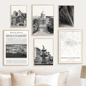 Montgomery Alabama Print Set Of 6, Black and White Montgomery Map Decor, Montgomery Wall Art Photo Montgomery Travel Poster, Montgomery Gift