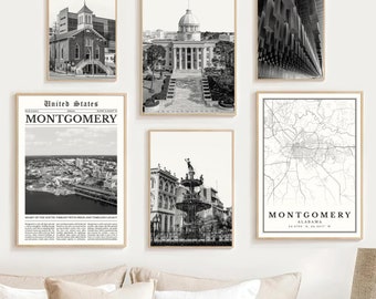 Montgomery Alabama Print Set Of 6, Black and White Montgomery Map Decor, Montgomery Wall Art Photo Montgomery Travel Poster, Montgomery Gift