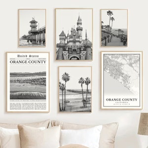 Orange County Prints Set Of 6, Black and White Orange County Map, Orange County Wall Art Photo, Orange County CA Poster, California Gifts