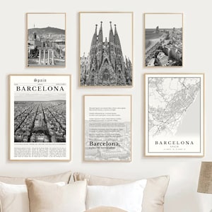 Digitale Barcelona Prints Schwarzweiß 6er Set, Barcelona Karte Dekor, Barcelona Wandkunst, Barcelona Geschenke, Katalonien, Spanien Reiseplakat