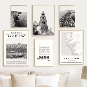 Digitale San Diego print set van 6, Californië zwart-wit, kaart San Diego, San Diego decor, San Diego poster San Diego muur kunst foto cadeau