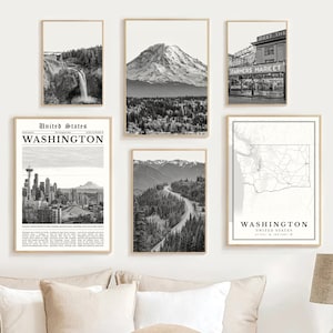 Washington State Print Set Of 6, Black and White Washington Map Decor, Washington Wall Art Photo, Washington Travel Poster, Washington Gifts