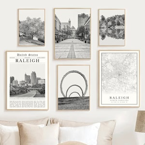 Raleigh NC Print Set Of 6, Black and White Raleigh Map, Raleigh Wall Art Photo, Raleigh Poster Home Decor, Raleigh Gifts, Raleigh NC Skyline