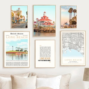 Digitale Long Beach print set van 6, Long Beach kaart decor, Long Beach reisposter, Long Beach Californië kunst cadeau, Long Beach muur kunst foto