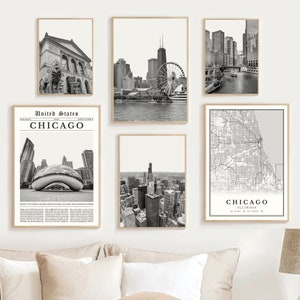 Chicago Print Set Of 6, Black and White Chicago Map Art Decor, Chicago Travel Poster Photo, Chicago Wall Art Printable Chicago Illinois Gift