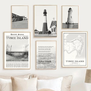 Tybee Island Print 6er Set, Schwarzweiß Tybee Island Karte Dekor, Tybee Island Wand Kunst Geschenk, Tybee Island Bild, Georgia Reiseplakat
