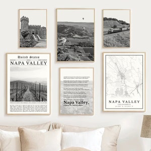 Digitale Napa Valley-printset van 6, zwart-wit Napa Valley-kaartdecor, Napa Valley-muurkunst, Californië geschenken, Napa Valley-reisposter