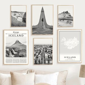 Lot de 6 oeuvres d'art mural Islande, impressions noir et blanc de l'Islande, carte de l'Islande à imprimer, Photos de l'affiche de l'Islande, décoration d'intérieur de Reykjavík, cadeaux de l'Islande