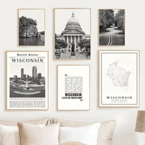 Digitale print van Wisconsin, set van 6 zwart-wit, kaart van de staat Wisconsin, reisposter van Wisconsin, Wisconsin, decor van kunst aan de muur, Wisconsin geschenken