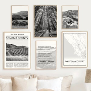 Conjunto de impresión digital del condado de Sonoma de 6, decoración del mapa de Sonoma en blanco y negro, foto de arte de pared del condado de Sonoma, póster del condado de Sonoma, regalos de California