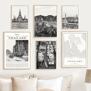 Thailand Print Set Of 6, Black and White Thailand Art Photo, Thailand Poster, Thailand Map, Thailand Wall Art, Thailand Decor, Thailand Gift