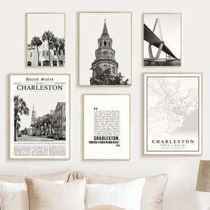 Digitale Charleston print set van 6, Charleston kaart, zwart-wit Charleston kunst aan de muur, Charleston decor, South Carolina poster reiscadeaus