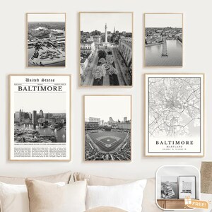Baltimore zwart-wit print set van 6, kaart Baltimore, Baltimore poster Baltimore Maryland cadeau, Baltimore kunst aan de muur foto, decor Baltimore