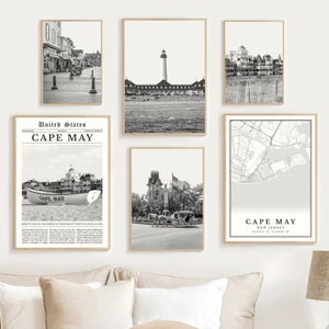 Cape May Print Set Of 6, Black and White Cape May Map Decor, Cape May Art Photos, Cape May Wall Art, Cape May Travel Poster, Cape May Gifts