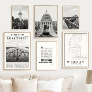 Digitale Mississippi State zwart-wit print set van 6, Mississippi kaart decor kunst aan de muur, Mississippi reisposter, Mississippi geschenken foto