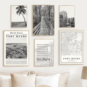 Digitale Fort Myers Florida print set van 6, zwart-wit Fort Myers stadsplattegrond, Fort Myers kunst aan de muur, Fort Myers cadeau Fort Myers Travel Decor