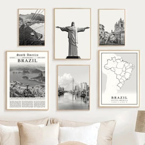 Brazil Print Set Of 6, Black and White Brazil Map Decor, Brazil Wall Art Photo, Brazil Poster, Brazil Art, Brazil Travel Poster, Brazil Gift