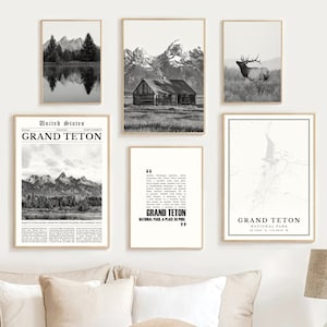 Digitale Grand Teton National Park print set van 6, Grand Teton kaartfoto, Grand Teton poster cadeau, Grand Teton kunst aan de muur, reisdecor Wyoming