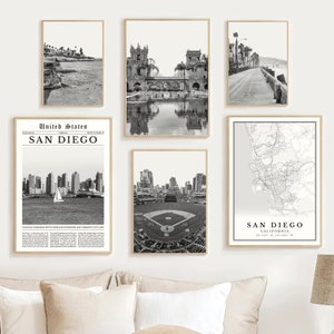 San Diego Print Set Of 6, San Diego Poster Black And White, Petco Park, La Jolla Wall Art, Balboa Park, Mission Beach Photo San Diego Poster